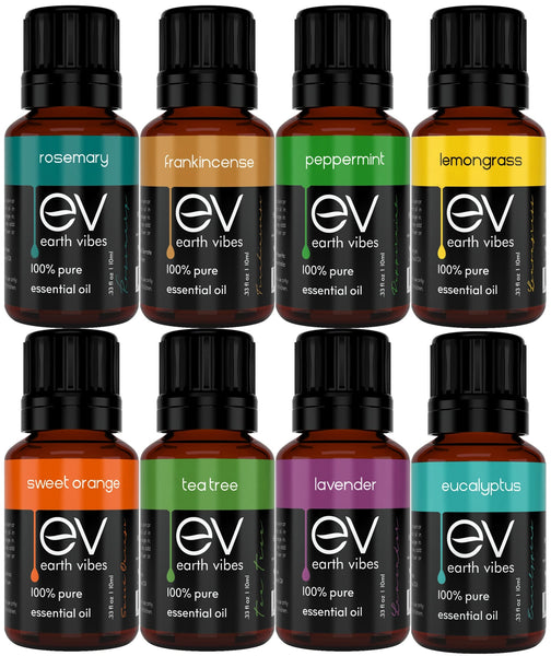 Earth Vibes Aromatherapy Top 8 Pure Essential Oils Set - 100% Pure & Natural